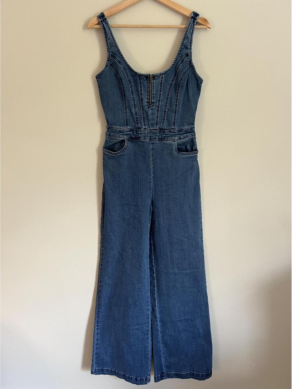 Guess Zipper-Front Sleeveless Denim Jumpsuit, Wide Leg, Size 29